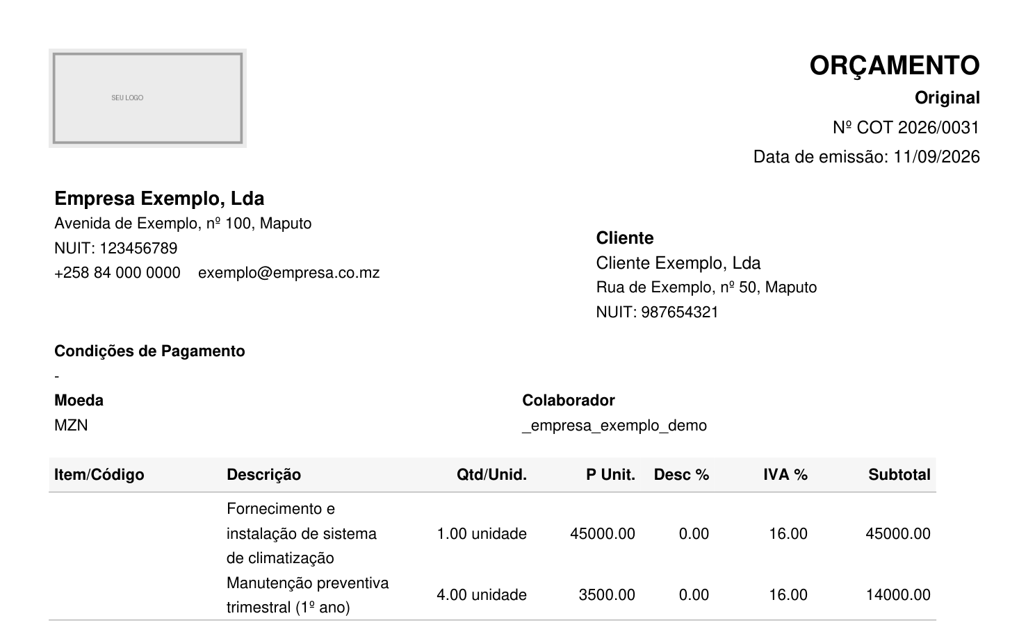 Documento de exemplo do Luar ERP: cotacao