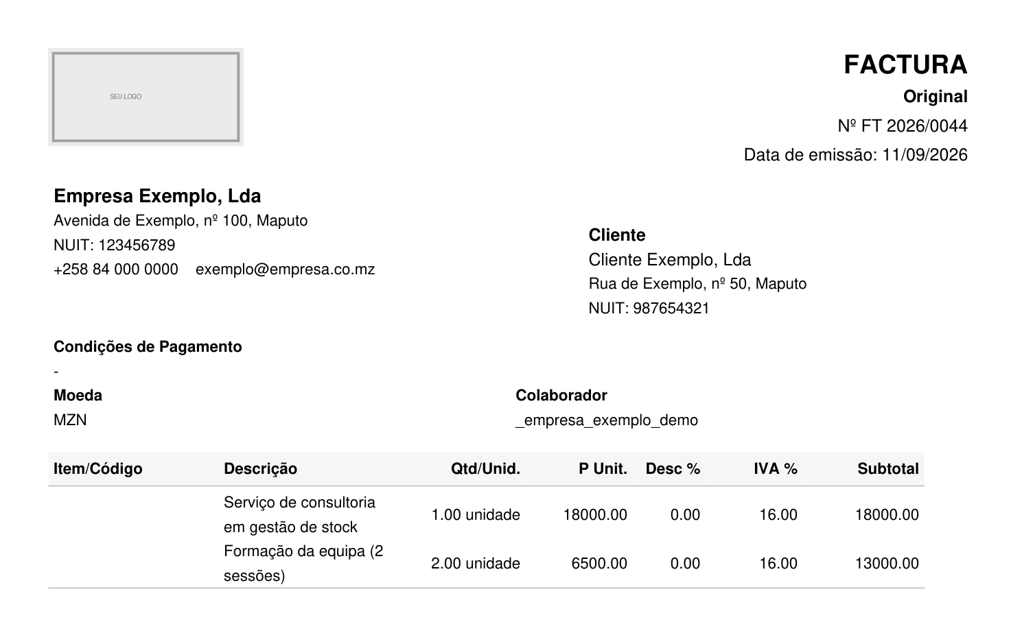 Documento de exemplo do Luar ERP: factura