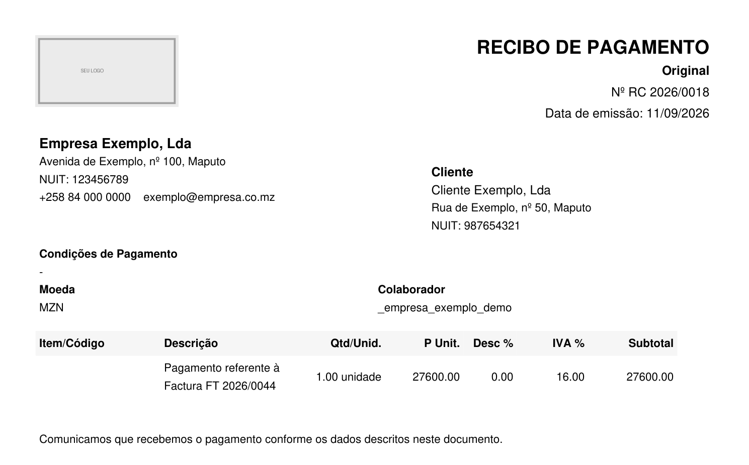 Documento de exemplo do Luar ERP: recibo
